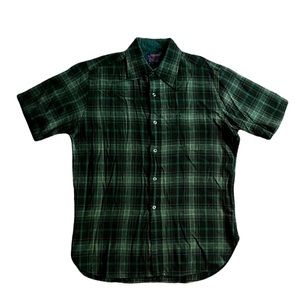 Mens Vintage Pendleton 100% Wool Green Plaid S/S Button Down Shirt, sz L